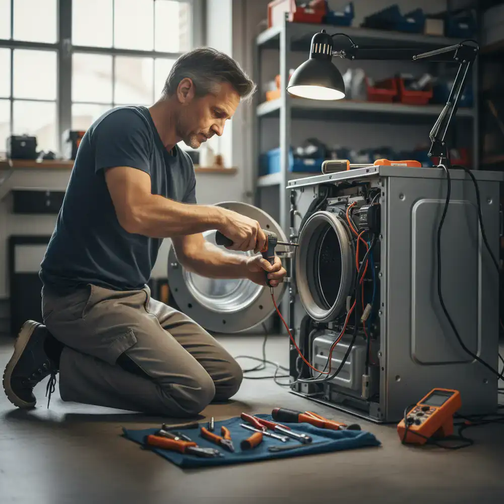 Ervaren monteur repareert een wasmachine met professioneel gereedschap