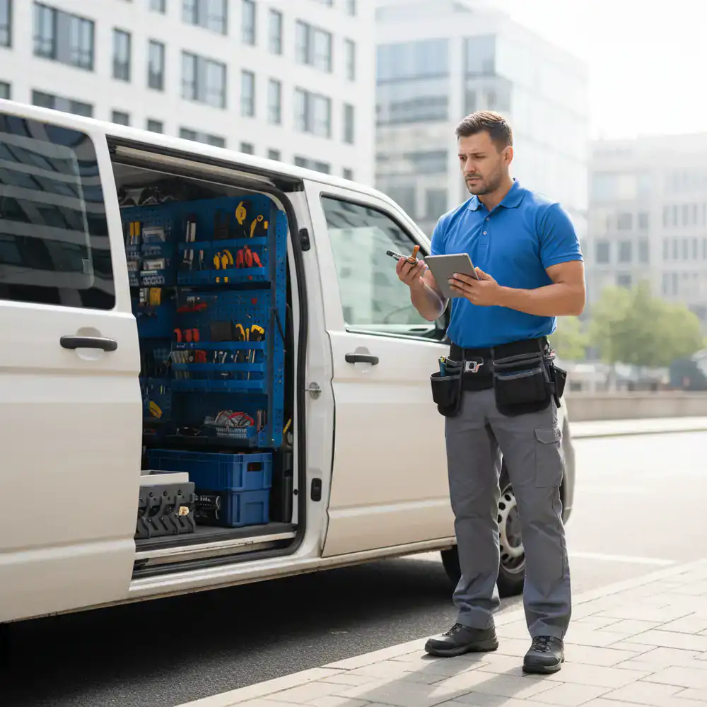 Monteur van QuickFix Apparaten bij een bedrijfsbus