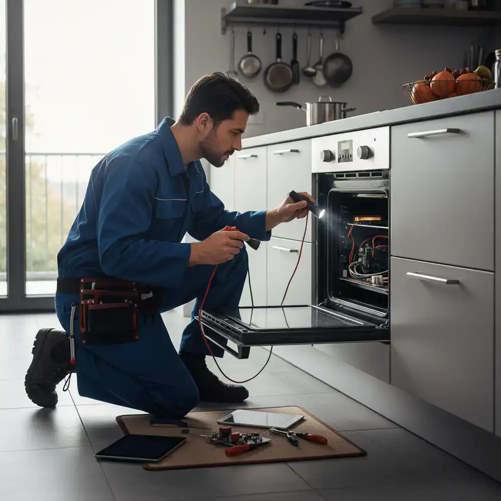 Monteur diagnosticeert een defecte oven in de keuken